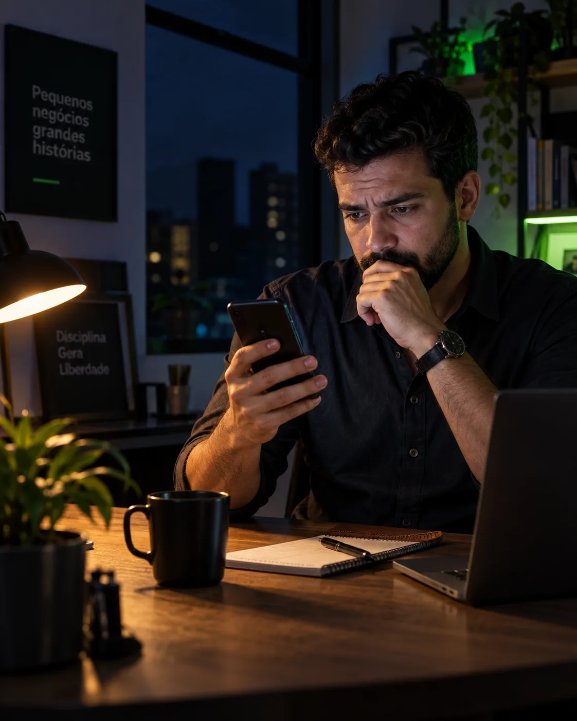 Empresário conferindo uma nova mensagem de cliente durante a noite