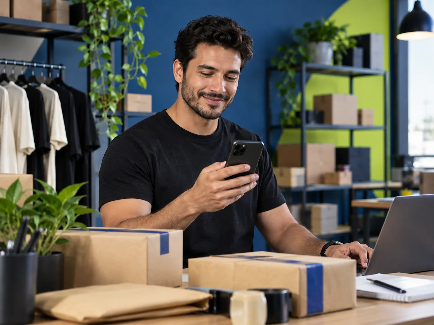 Empreendedor atendendo uma venda pelo celular em sua operação de comércio eletrônico